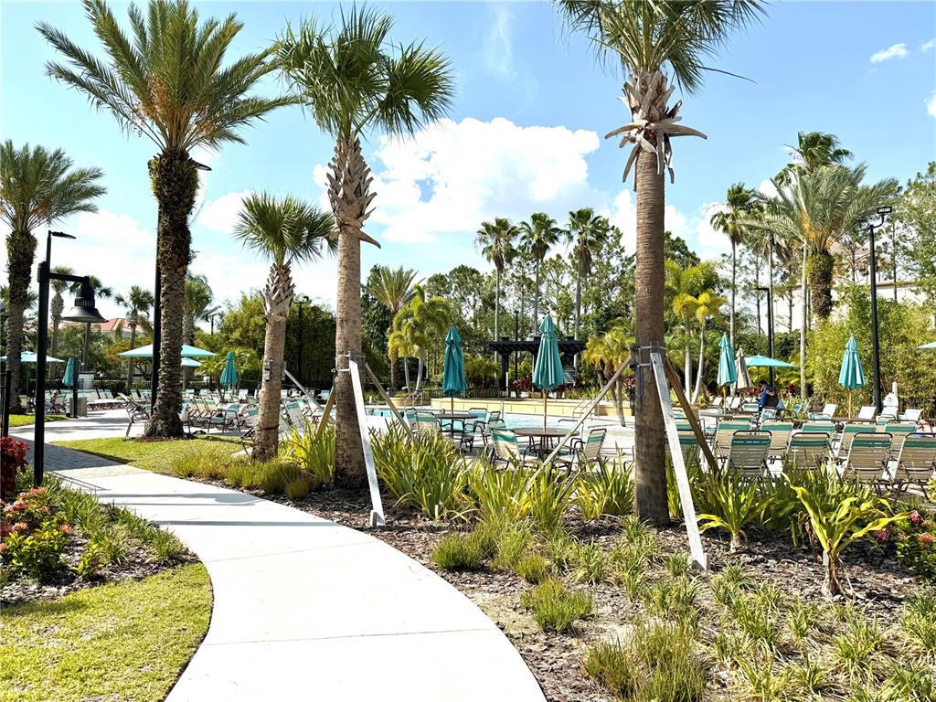 A paved walkway winds through a resort-style pool area with palm trees and lounge chairs — 4024 BREAKVIEW DRIVE UNIT 105, ORLANDO, FL