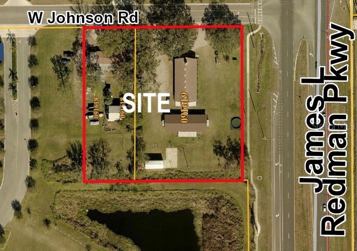 This is an aerial map showing a property site outlined in red near a road intersection — 103 JOHNSON ROAD, PLANT CITY, FL