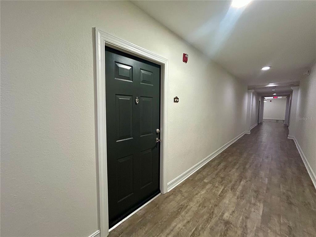 A dark green door opens into a long, brightly lit hallway with wood-look flooring — 5550 E MICHIGAN STREET UNIT 2208, ORLANDO, FL