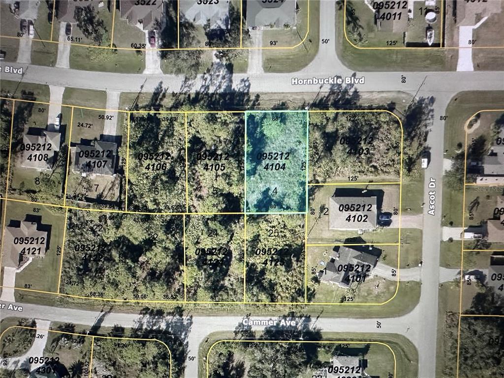 This is an aerial map showing residential lots and street layouts in a neighborhood — HORNBUCKLE BOULEVARD, NORTH PORT, FL