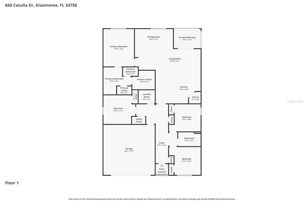 This is a floor plan for a single-story residential home with a garage — 660 COTULLA DRIVE, KISSIMMEE, FL