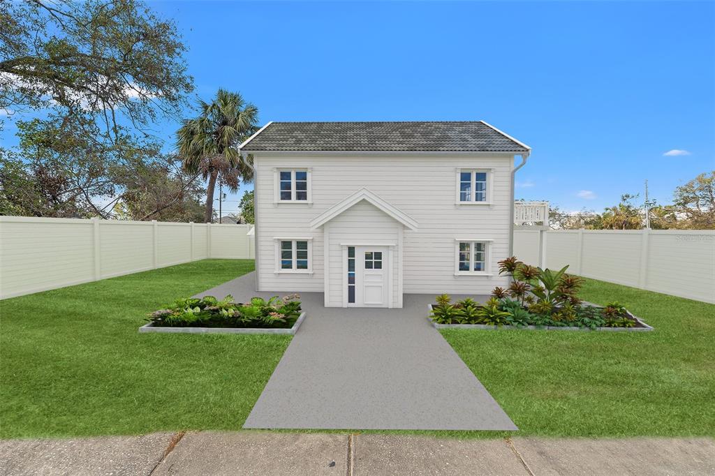 A digital rendering of a two-story white house with a front walkway and fenced yard — 28TH STREET S, ST PETERSBURG, FL