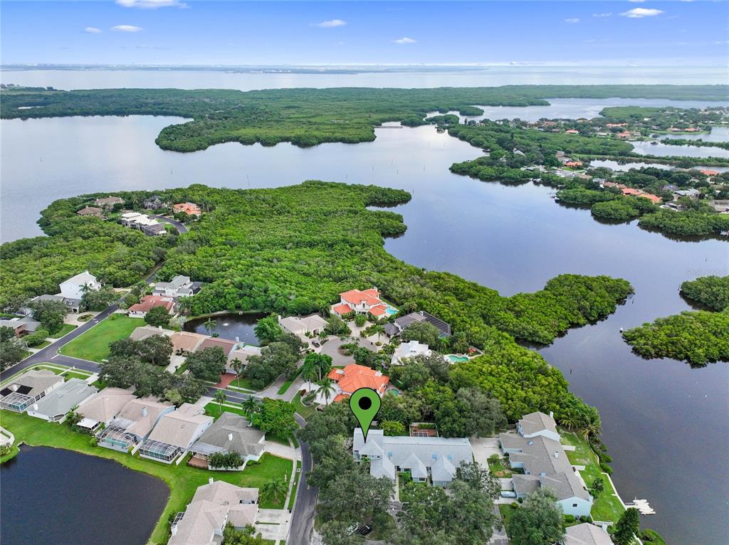 An aerial view shows a residential neighborhood surrounded by water and dense green vegetation — 1092 SANABEL COURT NE, ST PETERSBURG, FL