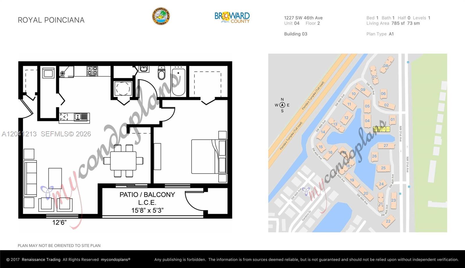 This image displays a floor plan for a one-bedroom apartment and a site map — 1227 SW 46th Ave # 304, Pompano Beach FL 33069, POMPANO BEACH, FL
