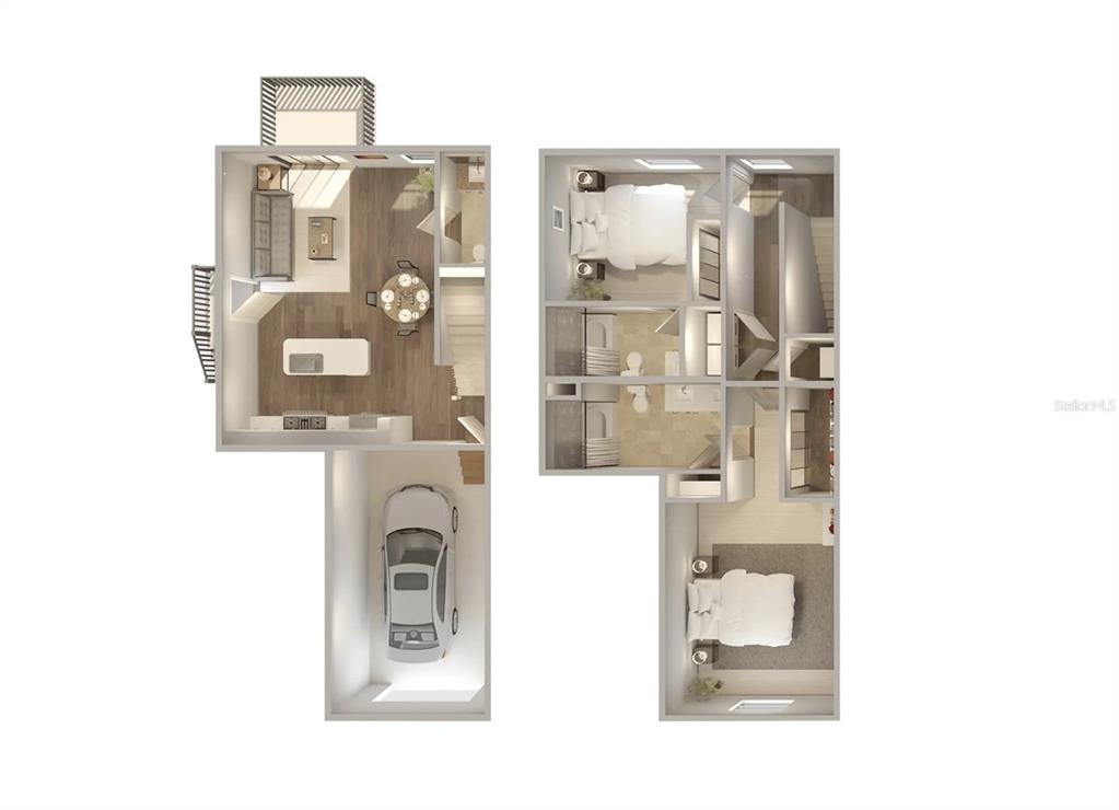 This is a 3D floor plan rendering of a two-story home with an attached garage — 2058 SILVERSTONE CIRCLE, CLEARWATER, FL