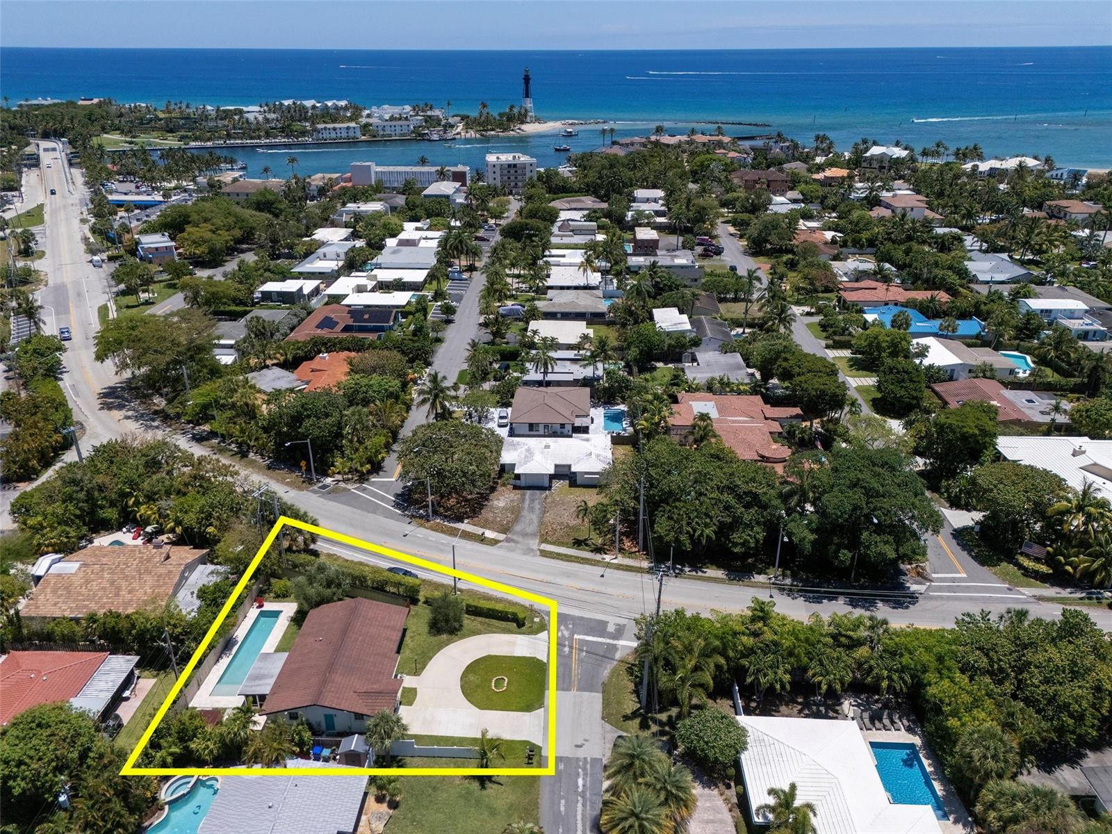 An aerial view shows a single-story house with a pool and circular driveway — 3213 Dover Road, Pompano Beach FL 33062, POMPANO BEACH, FL