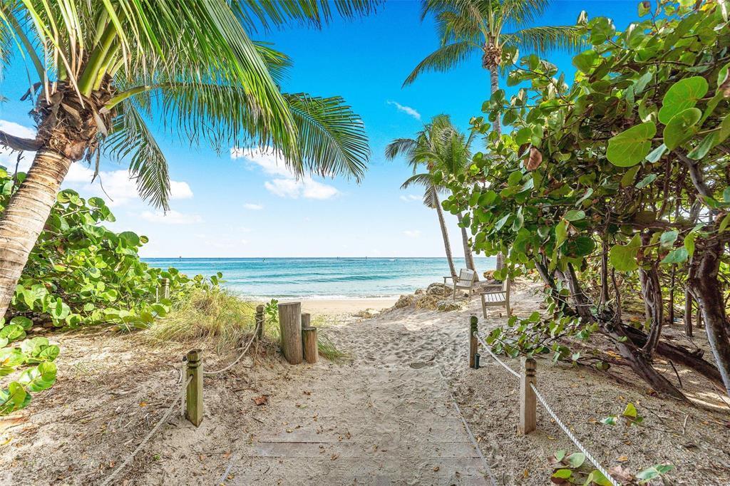 A sandy path leads through tropical foliage to a beach with palm trees and ocean — 3213 Dover Road, Pompano Beach FL 33062, POMPANO BEACH, FL