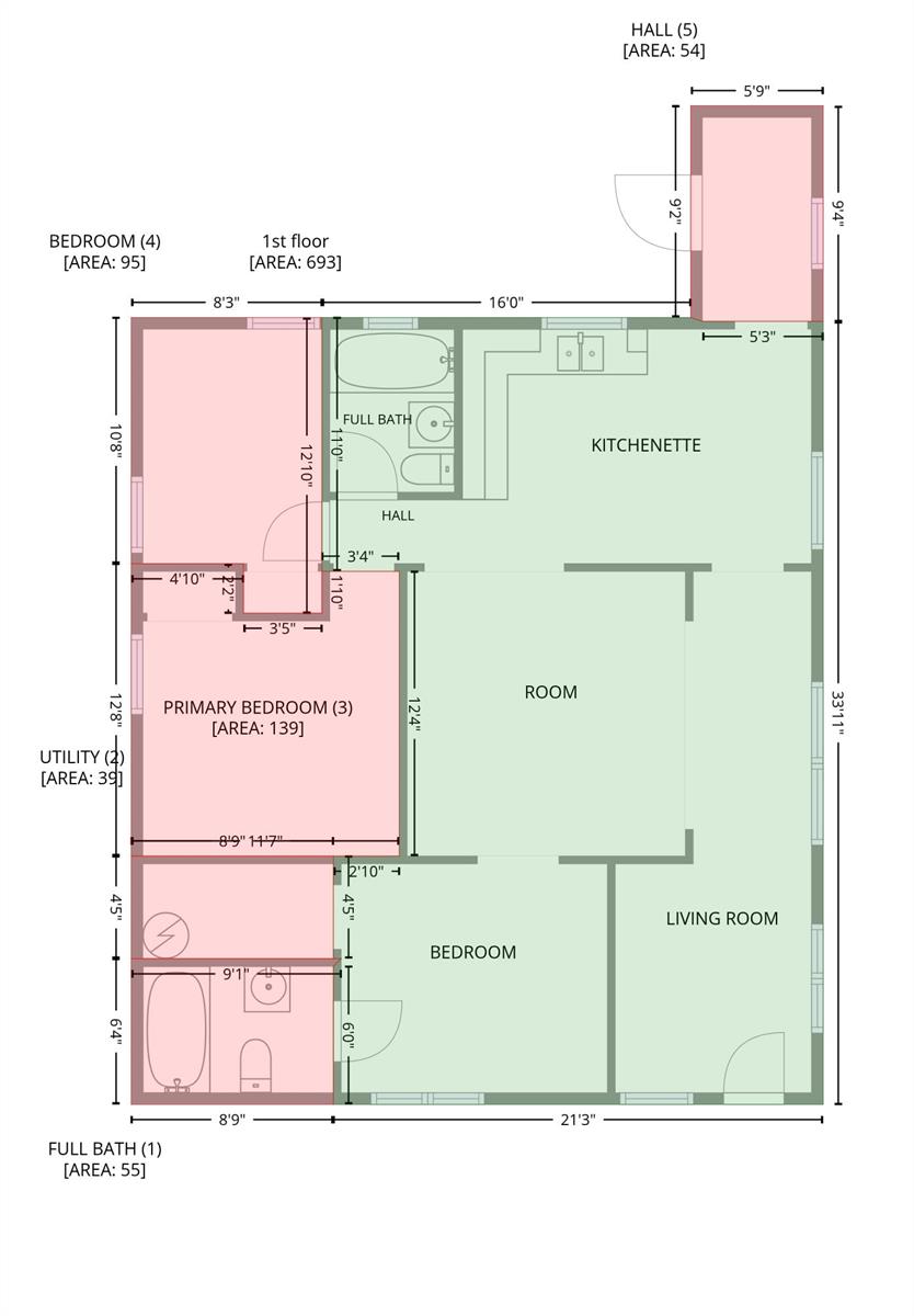 This is a floor plan of a multi-room residential unit with two bathrooms and a kitchenette — 4721 28th Court, Vero Beach FL 32967, VERO BEACH, FL