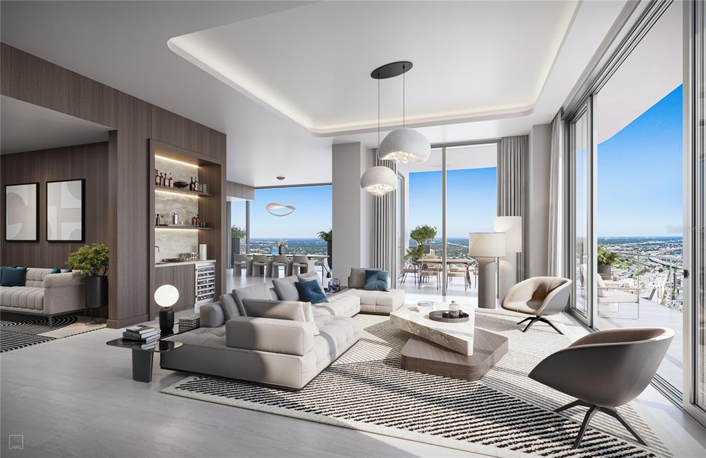 This is a rendering of a modern, open-concept living room with floor-to-ceiling windows and views — 520 N TAMPA ST UNIT 4002, TAMPA, FL