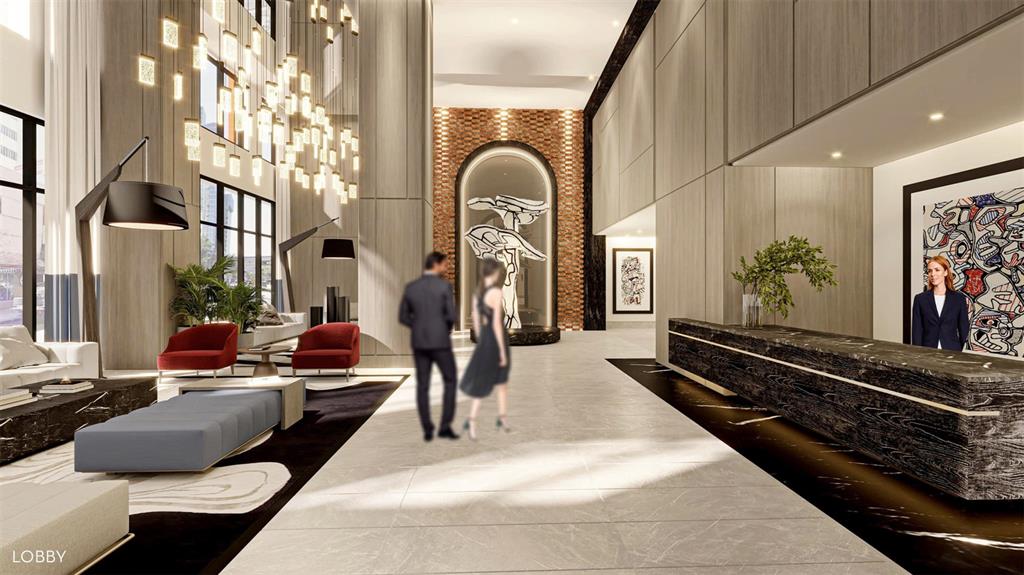 This rendering shows a modern hotel lobby with a marble reception desk and tall chandelier — 520 N TAMPA ST UNIT 4002, TAMPA, FL