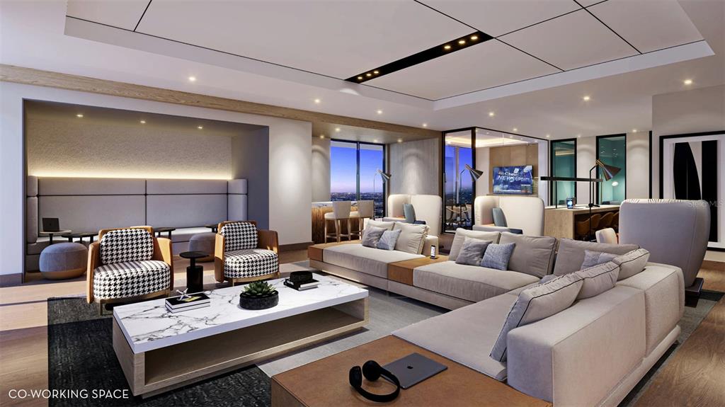 This rendering shows a modern co-working space with lounge seating, a marble coffee table, and desks — 520 N TAMPA ST UNIT 4002, TAMPA, FL