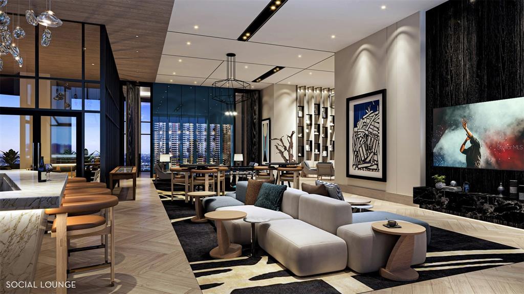 This rendering shows a modern social lounge with a bar, plush seating, and floor-to-ceiling windows — 520 N TAMPA ST UNIT 4002, TAMPA, FL