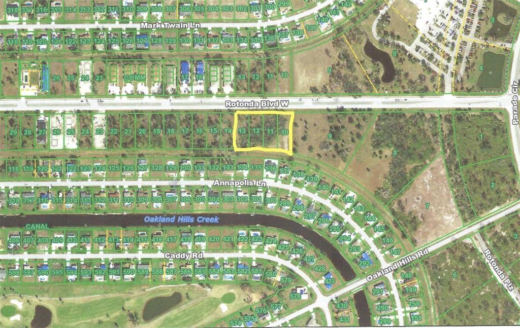 This is a map showing a highlighted group of four residential lots along a road — 165 ROTONDA BOULEVARD W, ROTONDA WEST, FL
