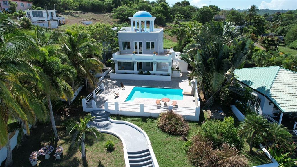 An aerial view of a multi-story house with a blue dome, pool, and surrounding landscaping — 411 BRAVOS DE BOSTON, VIEQUES, PR