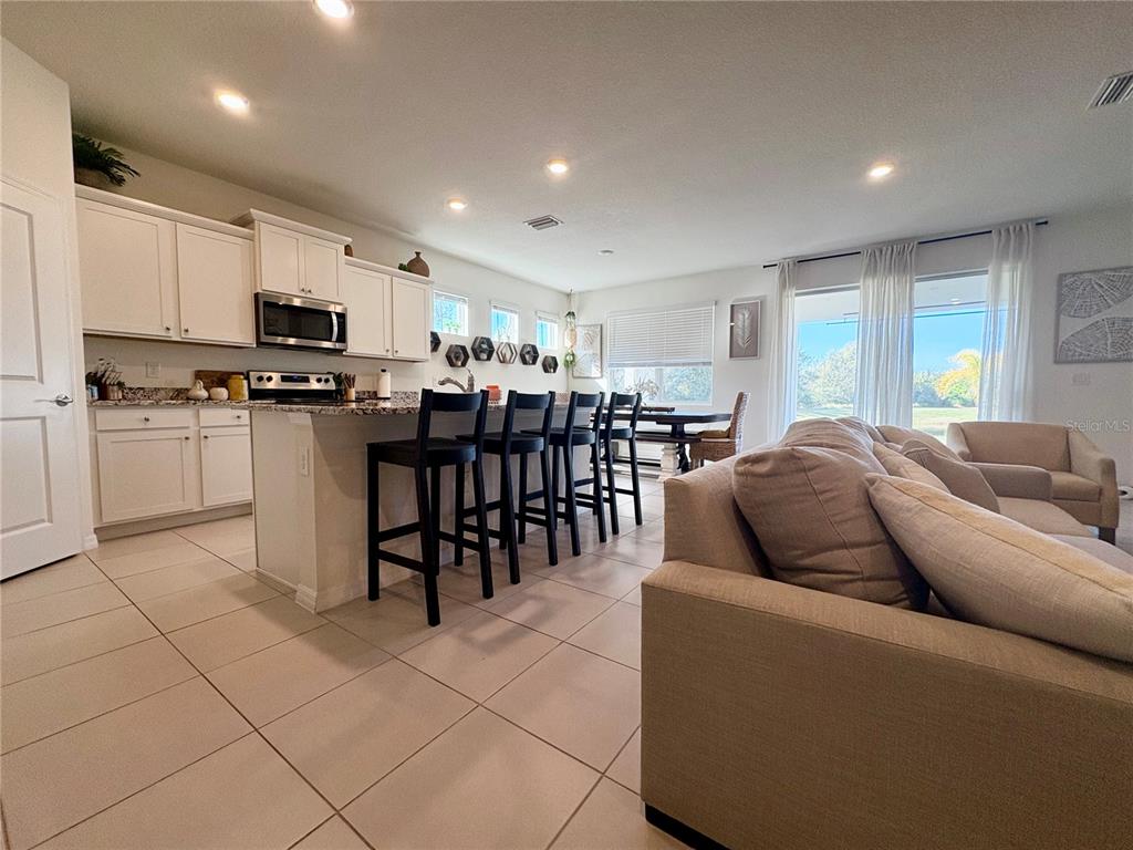 An open-concept kitchen with white cabinets and a breakfast bar overlooks a living area — 13329 WATERLEAF GARDEN CIRCLE, RIVERVIEW, FL