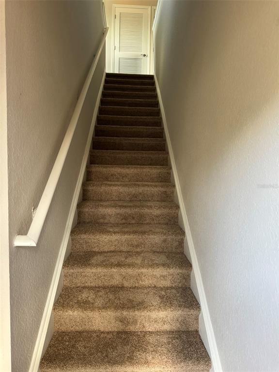 A straight staircase with brown carpet and a white handrail leads to a closed door — 2420 ANN ROU ROAD UNIT 201, TAVARES, FL
