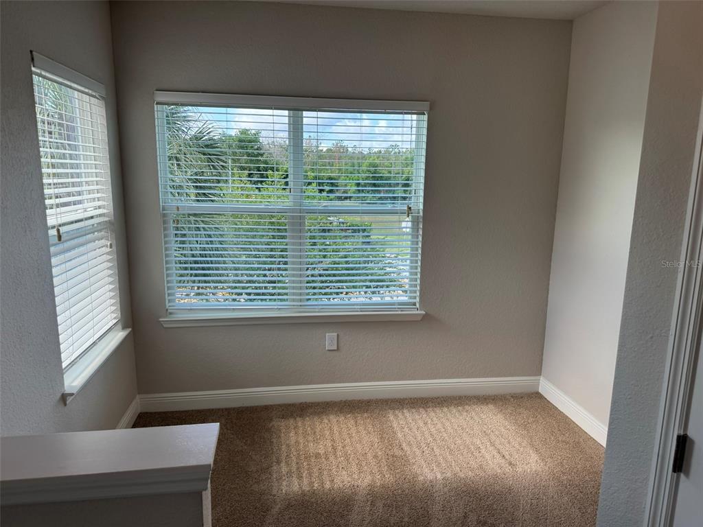 A carpeted room features two windows with white blinds overlooking a green outdoor area — 2420 ANN ROU ROAD UNIT 201, TAVARES, FL
