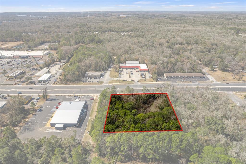 An aerial view shows a rectangular, wooded vacant lot outlined in red next to a commercial building — 8541 W FAUST LANE, HOMOSASSA, FL