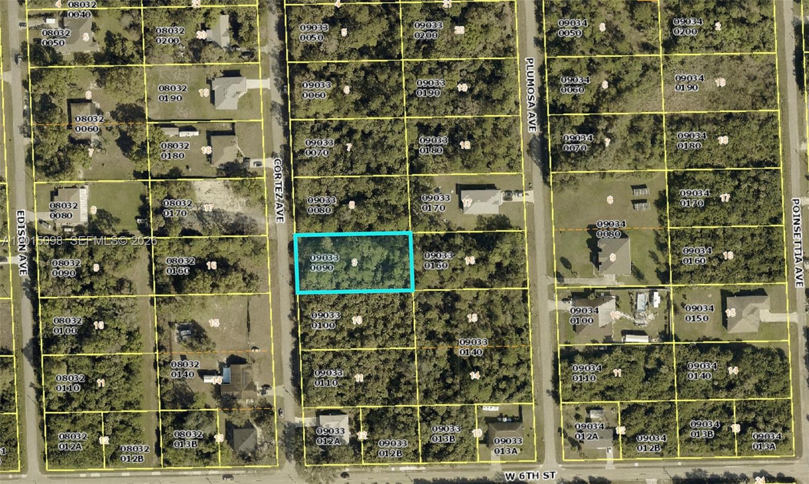 This is an aerial map showing a highlighted vacant lot among other residential properties — 606 Cortez Ave, Lehigh Acres FL 33972, LEHIGH ACRES, FL