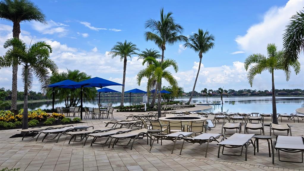 A resort-style pool deck features lounge chairs, umbrellas, and palm trees overlooking a lake — 233 VINADIO BOULEVARD, NOKOMIS, FL