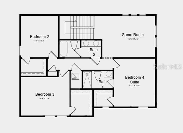 This is a floor plan showing the upper level of a house with three bedrooms — 12859 TREELINE RIDGE AVENUE, SAN ANTONIO, FL