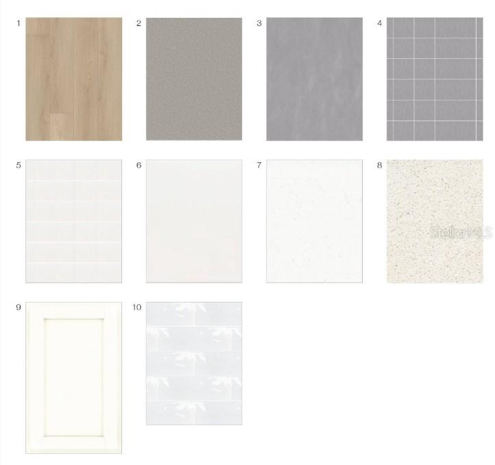 This image displays a grid of ten interior design material samples for a home renovation — 12859 TREELINE RIDGE AVENUE, SAN ANTONIO, FL