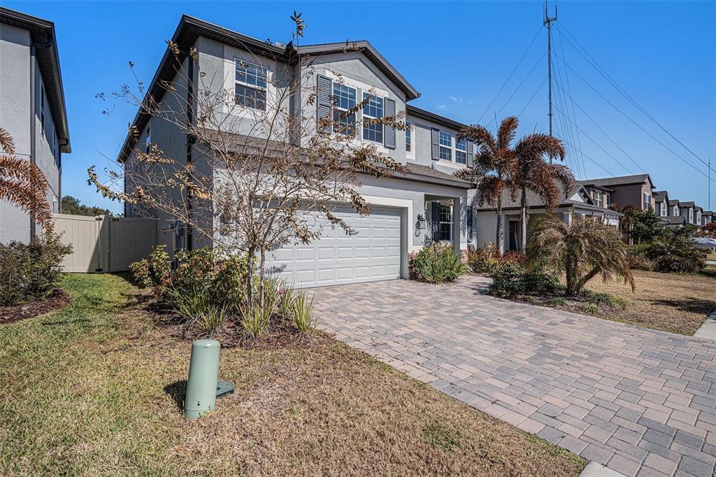 A two-story suburban house with a paved driveway, a two-car garage, and palm trees — 13362 SAGE HOLLOW AVENUE, RIVERVIEW, FL