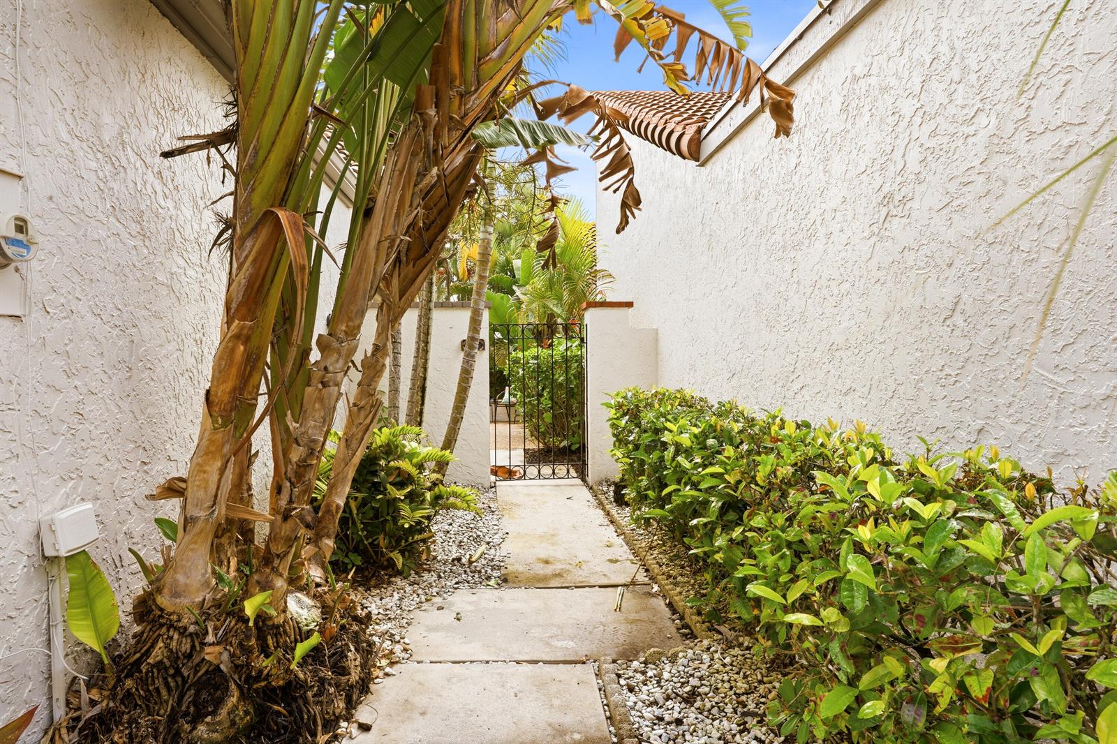 A concrete walkway leads through a narrow outdoor passage between two stucco walls and plants — 11810 Kiva Drive, Boynton Beach FL 33437, BOYNTON BEACH, FL