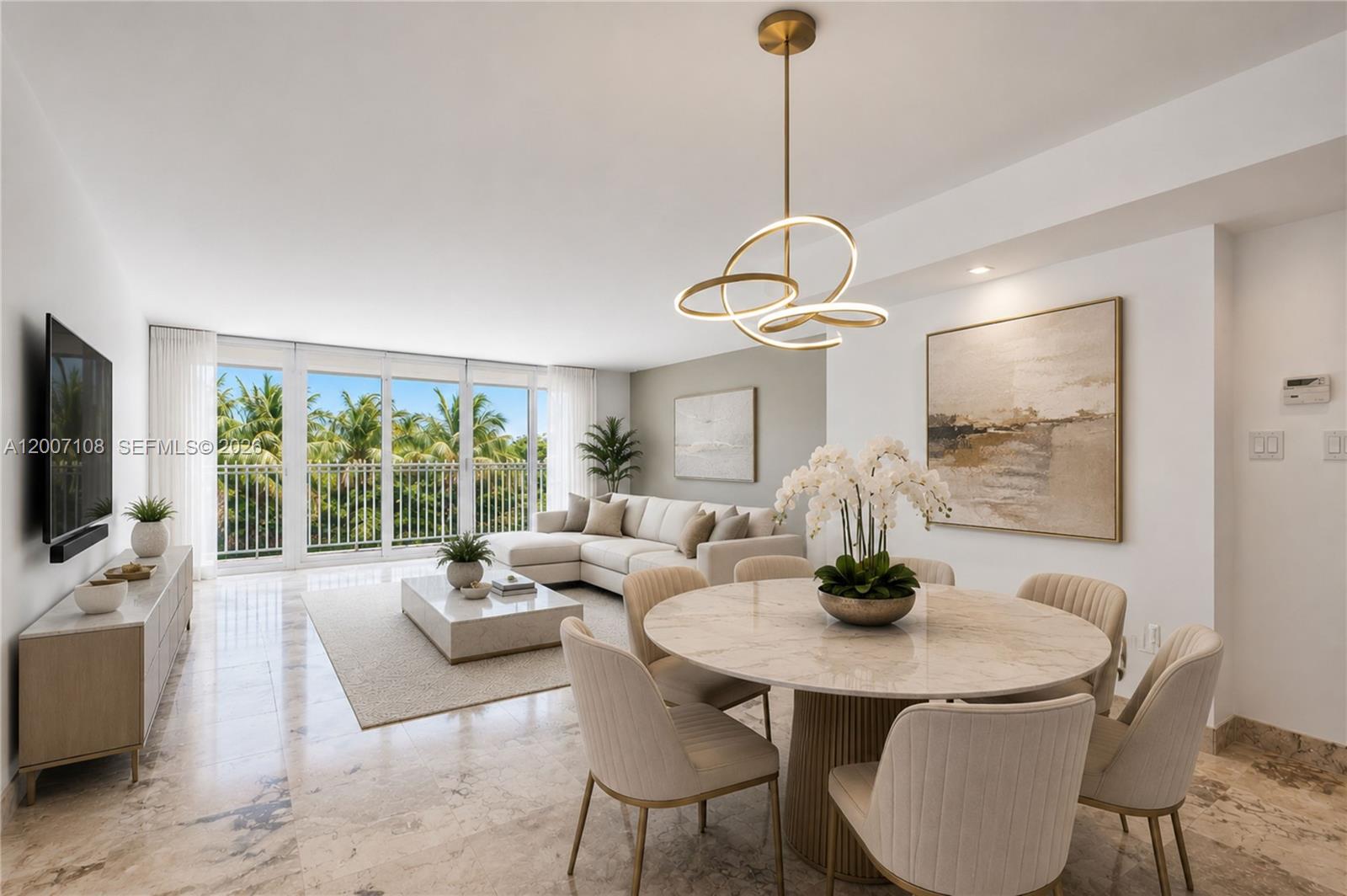 A modern open-concept living and dining area features marble floors, a balcony, and neutral furniture — 7824 Collins Ave # 401, Miami Beach FL 33141, MIAMI BEACH, FL