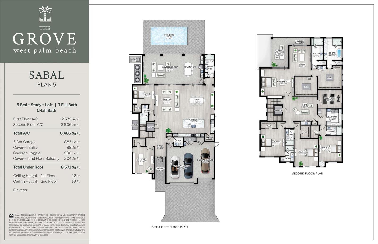 This floor plan shows the layout of a two-story home with five bedrooms and seven bathrooms — 2239 Eagle Oaks Lane, West Palm Beach FL 33401, WEST PALM BEACH, FL
