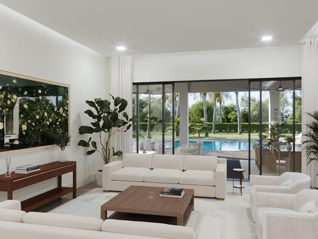 This rendering shows a modern living room with white sofas, a wooden coffee table, and pool views — 2239 Eagle Oaks Lane, West Palm Beach FL 33401, WEST PALM BEACH, FL