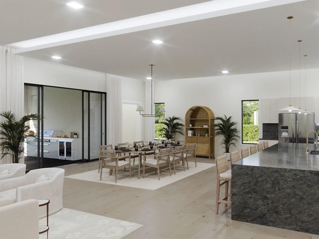 This rendering shows an open-concept living, dining, and kitchen area with modern finishes — 2239 Eagle Oaks Lane, West Palm Beach FL 33401, WEST PALM BEACH, FL