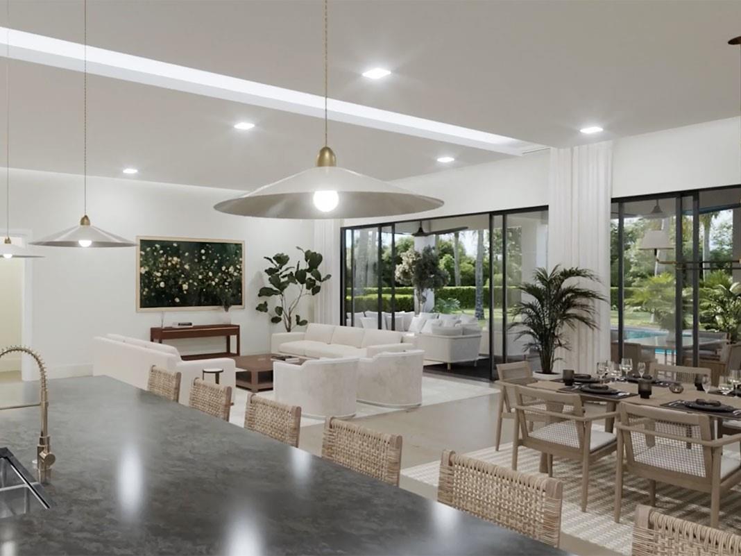 This is a rendering of an open-concept living and dining area with modern neutral furnishings — 2239 Eagle Oaks Lane, West Palm Beach FL 33401, WEST PALM BEACH, FL
