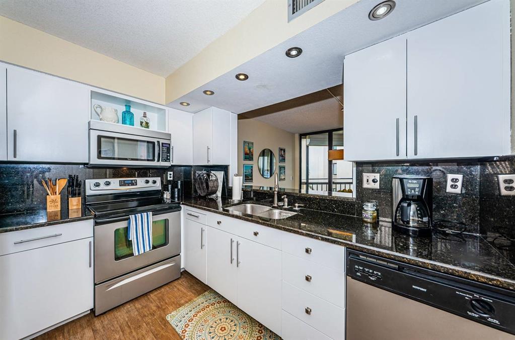 A kitchen features white cabinets, dark granite countertops, stainless steel appliances, and wood-look flooring — 5541 PUERTA DEL SOL BOULEVARD S UNIT 316, ST PETERSBURG, FL