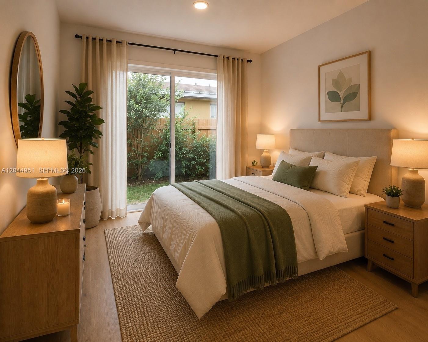 This bedroom features a queen bed, light wood furniture, a sliding glass door, and greenery — 8106 NE 1st Ave # 20, Miami FL 33138, MIAMI, FL