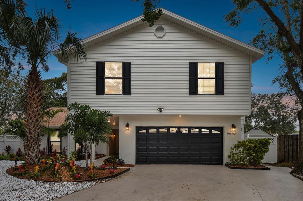 A two-story house with white siding, a black garage door, and a landscaped front yard — 10503 NILE COURT, TAMPA, FL