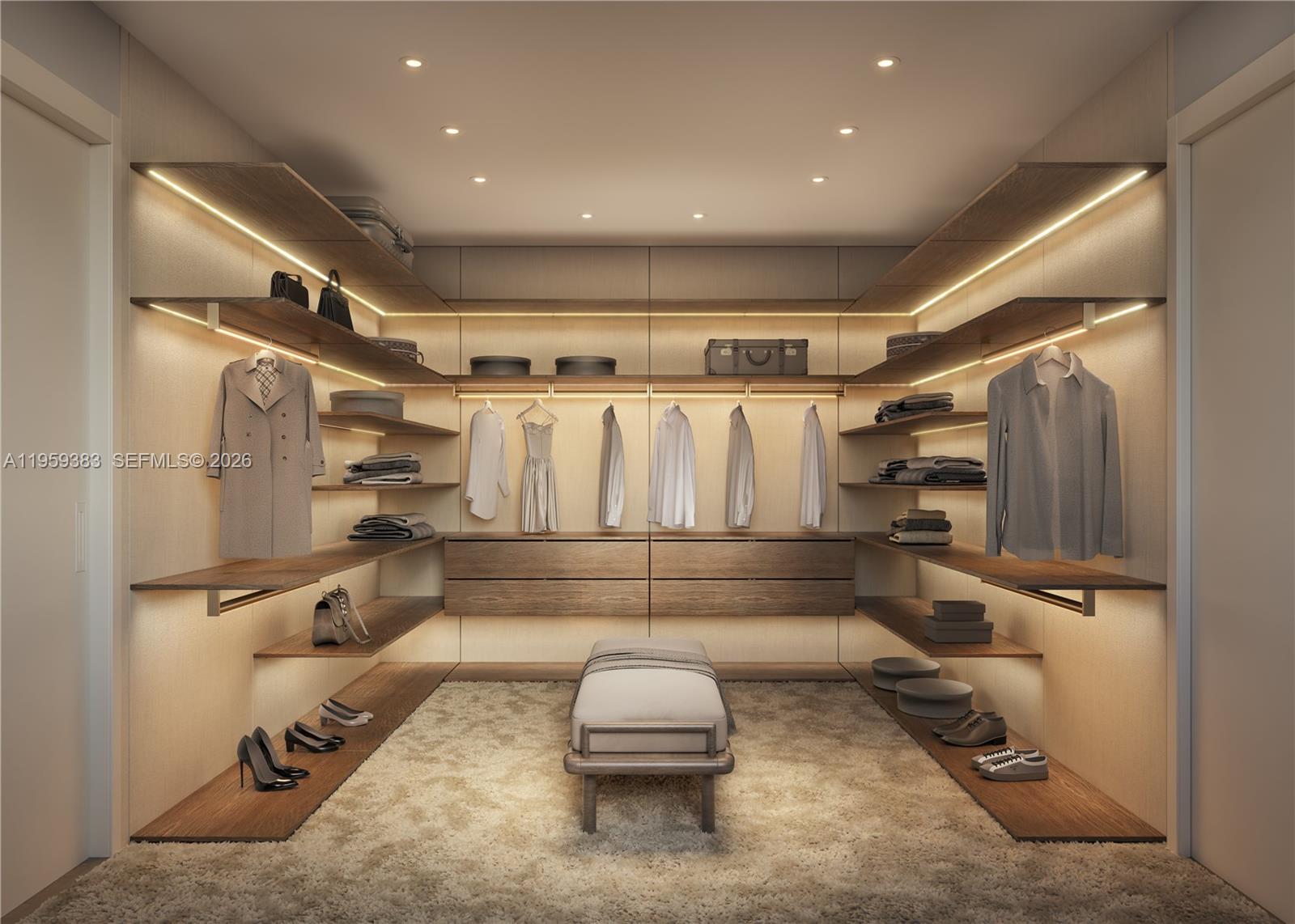 This is a rendering of a modern walk-in closet with integrated LED shelf lighting — 1880 Brickell Avenue # 18, Miami FL 33129, MIAMI, FL