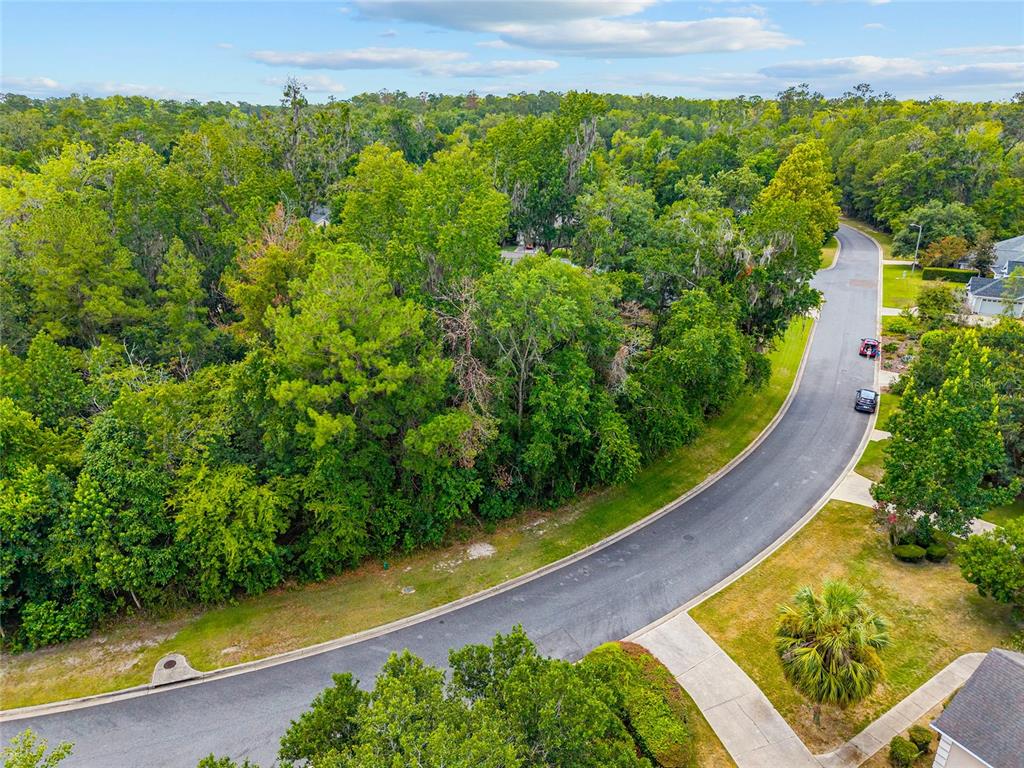 An aerial view shows a curved asphalt road bordered by dense trees and a sidewalk — 2645 NW 106TH WAY, GAINESVILLE, FL
