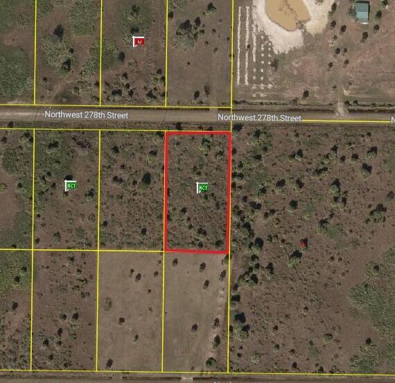 This is an aerial map view of a rectangular plot of land outlined in red — 21018 NW 278th Street, Okeechobee FL 34972, OKEECHOBEE, FL