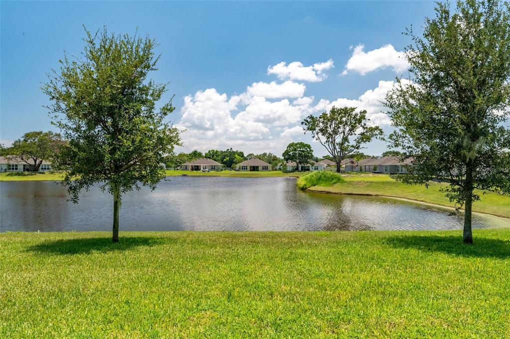 A grassy lawn overlooks a pond with houses in the background under a blue sky — 2003 KILLIAN DRIVE NE, PALM BAY, FL