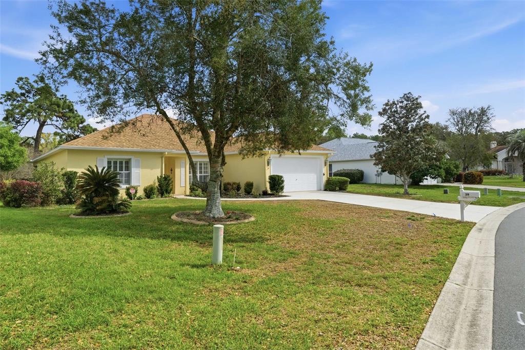 A yellow single-story house with a two-car garage and a large tree in the yard — 39 W AMALFI COURT, BEVERLY HILLS, FL