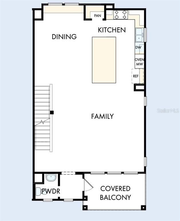 This floor plan shows an open-concept living area, kitchen, dining space, powder room, and balcony — 1650 SPRINGWELL LANE, SARASOTA, FL