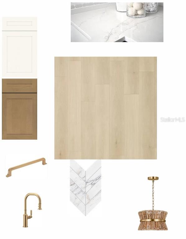 This is a digital design board featuring kitchen cabinetry, flooring, hardware, lighting, and tile samples — 1650 SPRINGWELL LANE, SARASOTA, FL