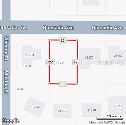 This is a map showing the rectangular property boundaries and dimensions of a residential lot — 21271 QUESADA AVENUE, PORT CHARLOTTE, FL