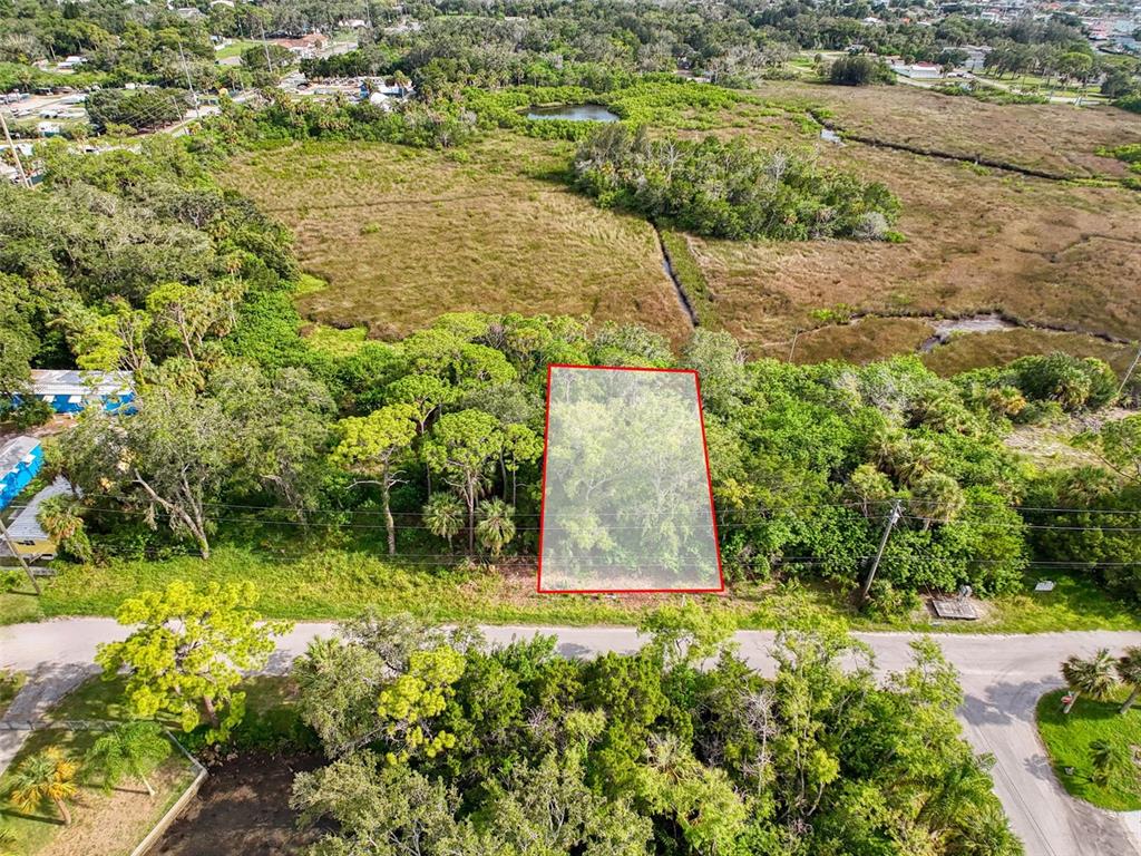 An aerial view shows a rectangular wooded lot outlined in red next to a marsh — LOT 8 NOWIKI AVENUE, HUDSON, FL