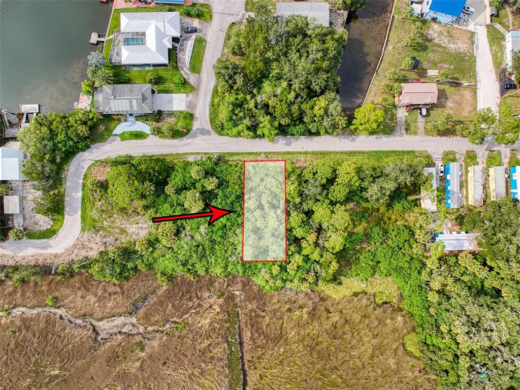 An aerial view shows a rectangular, wooded vacant lot outlined in red near a waterway — LOT 8 NOWIKI AVENUE, HUDSON, FL