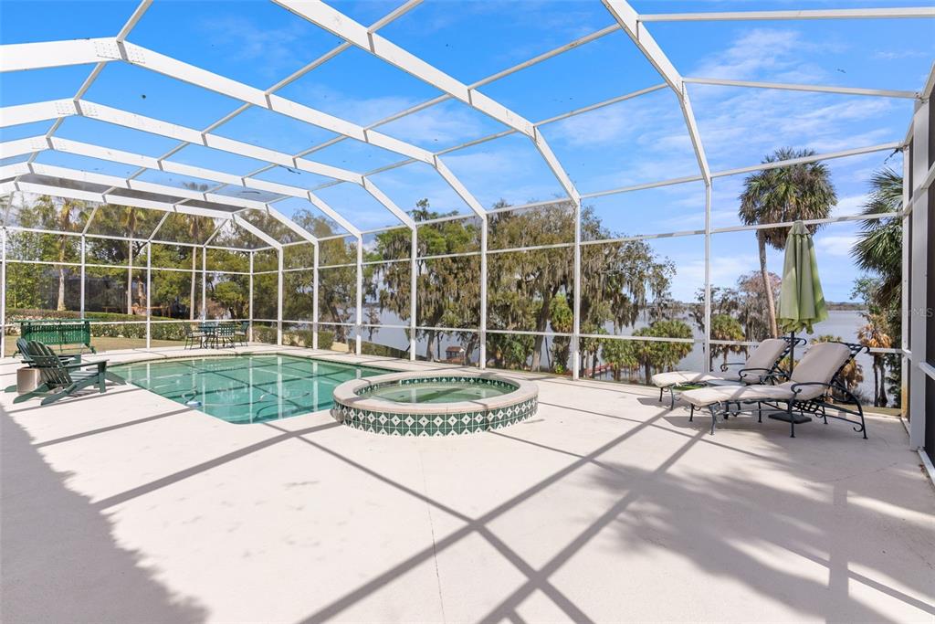 A screened-in pool and spa area overlooking a lake with lounge chairs and patio furniture — 10913 BRIGANN YARD WAY, THONOTOSASSA, FL