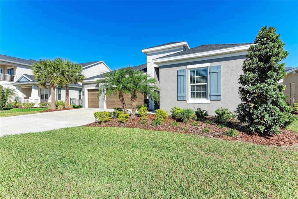A single-story house with a gray stucco exterior, blue shutters, and a concrete driveway — 10010 BUCKMAN HALLS DRIVE, PALMETTO, FL