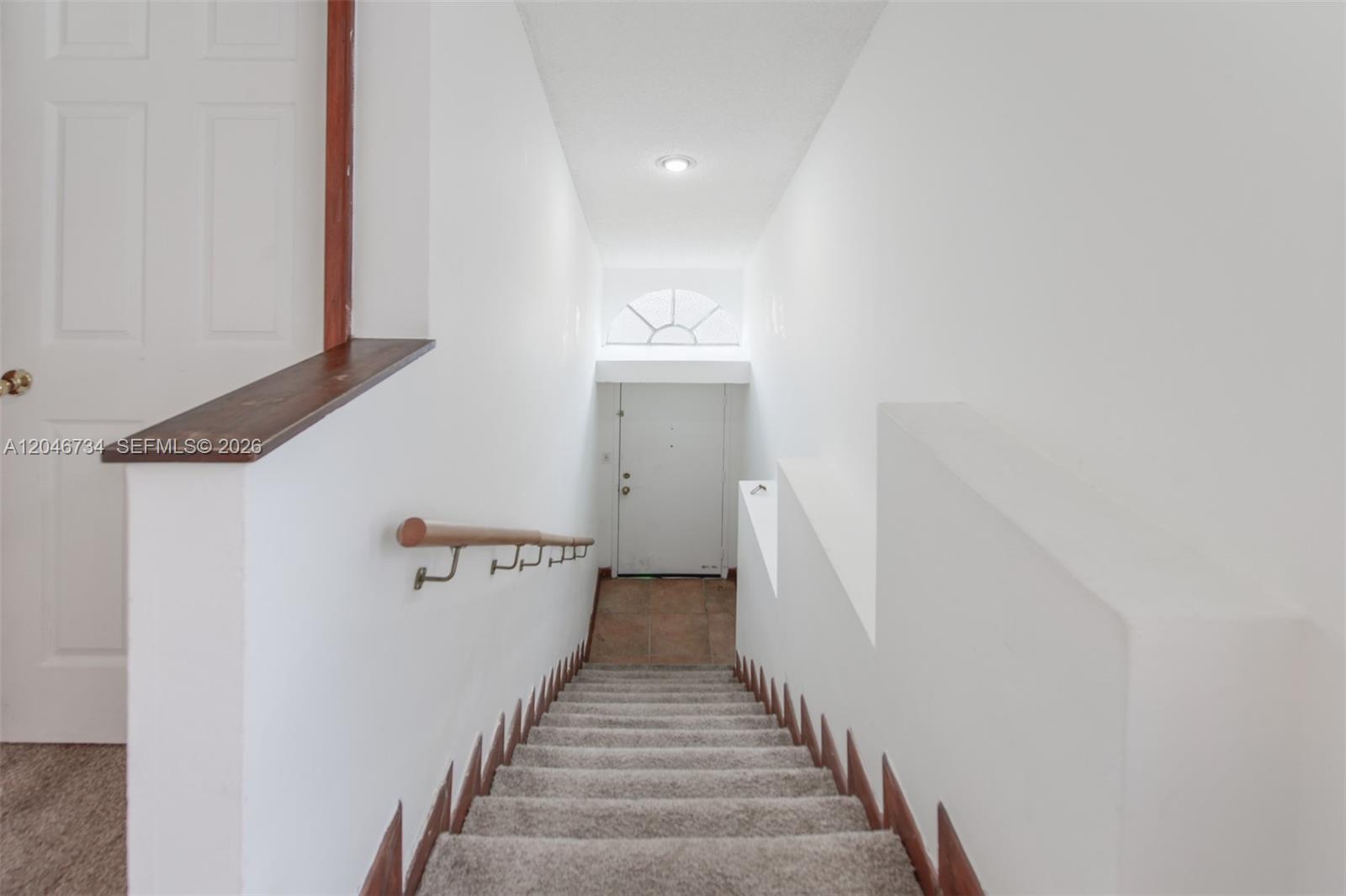 A carpeted staircase leads down to a white front door with a decorative transom window — 4990 NW 97th Pl # 314, Doral FL 33178, DORAL, FL