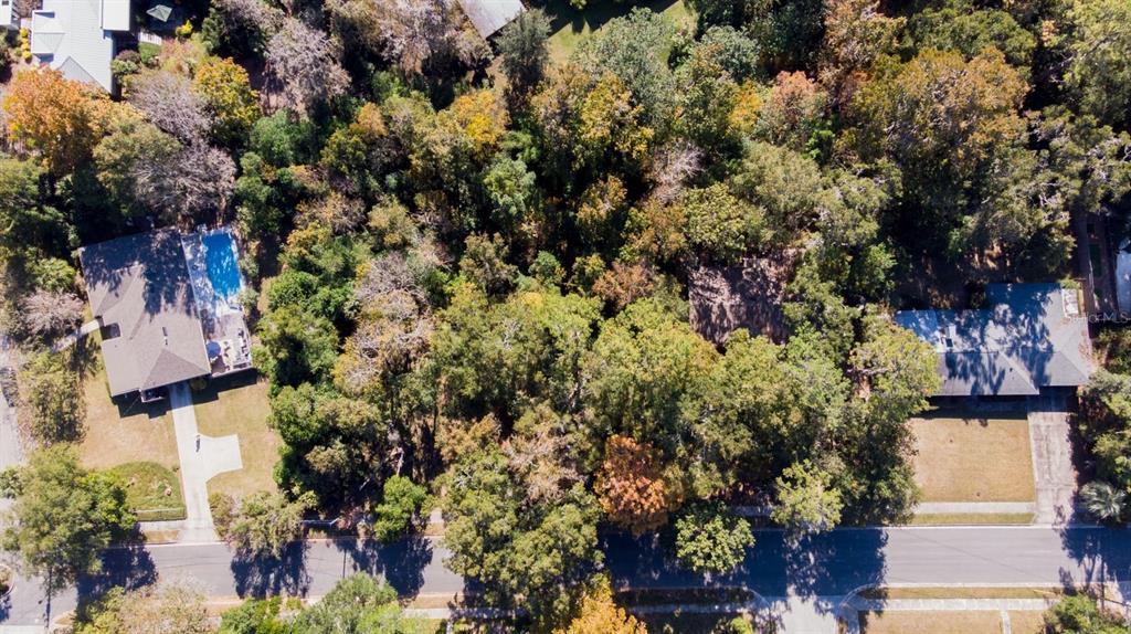 An aerial view shows two houses separated by a dense, wooded lot along a street — 1723 NW 14TH AVENUE, GAINESVILLE, FL